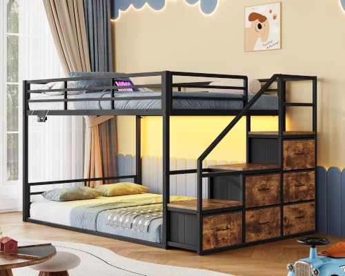 Image of Bunk Bed Twin Over Twin with Storage Stairs, Metal Bunk Beds for Kids