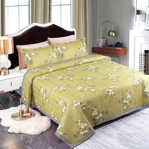 Image of Amazon Brand - Umi 100% Cotton Quilted /Ultrasonic 280 Tc Printed King Size Bed Cover /Bedsheet /Bedspread Comforter with 2 Pillow Shams /Cover, (Luxurious, 90 x100 inches, Yellow & Silver)