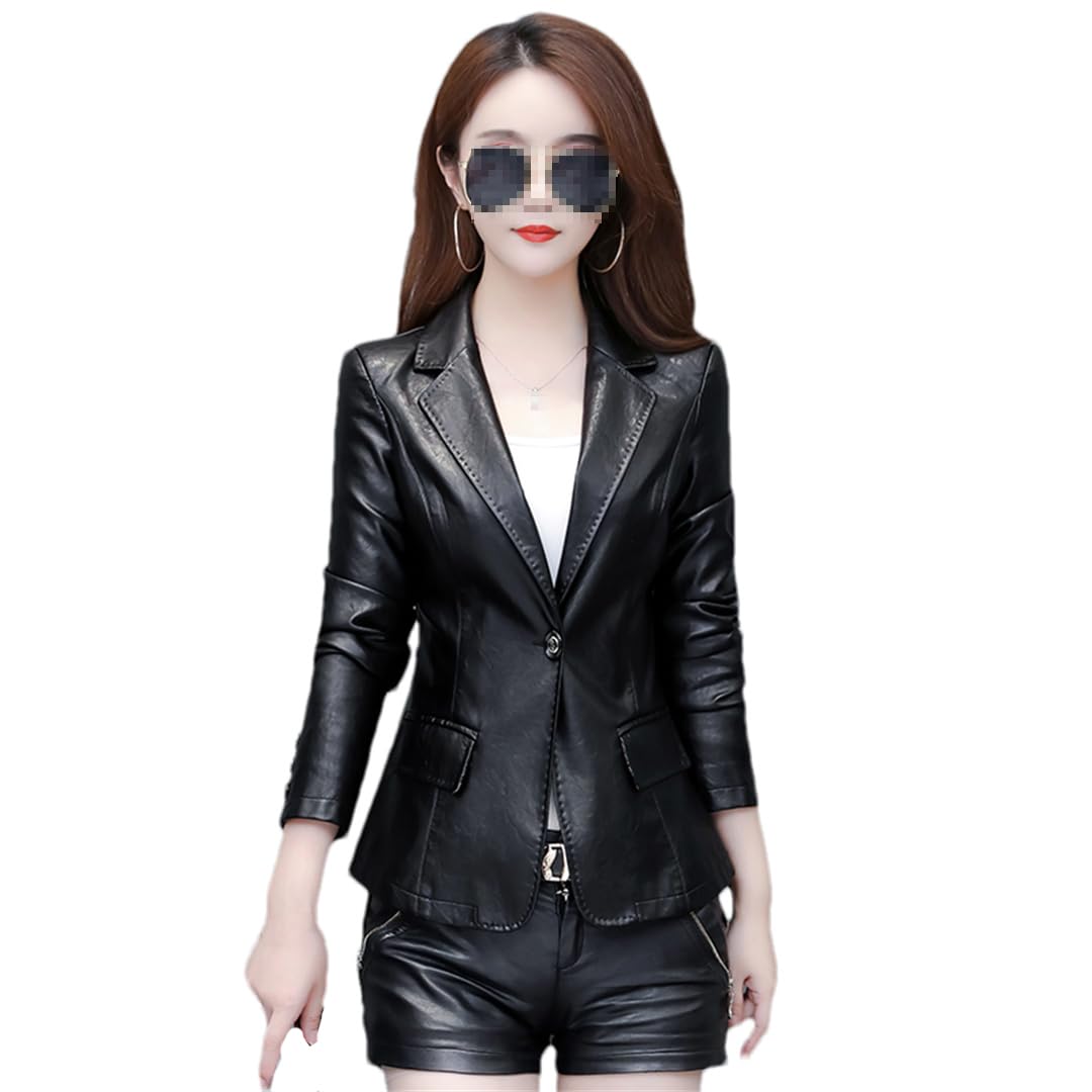Damen Lederjacke Frühling Herbst Kurzer Lässiger Blazer Lederbekleidung Mantel