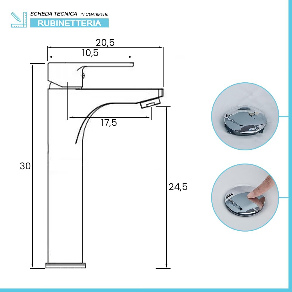 Set miscelatori lavabo alto e bidet con scarico click-clack incluso, in ottone cromato con leva monocomando, ZOE