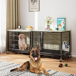 Dog Crate Furniture, 27.2″ Wooden Dog Kennel with Wheels & Double Doors, Dog Cage End Table Upgraded, Indoor Dog Crate House for Small Medium Dogs, Rustic Grey