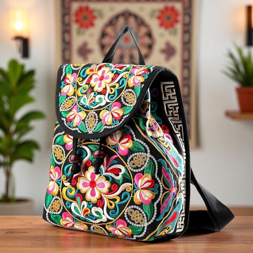 Image of Jursccu Embroidered Backpack Purse for Women Small Canvas Vintage Daypack