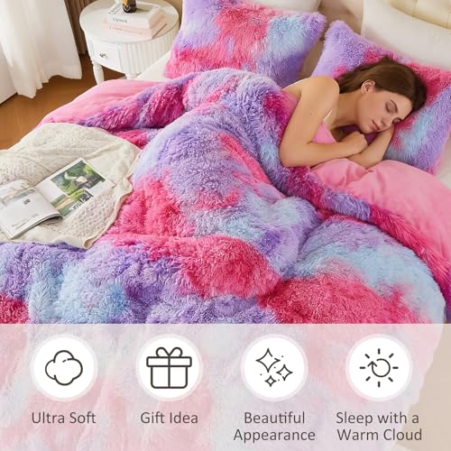 Image of EMME Luxury Fuzzy Duvet Cover Set King Size Fluffy Comforter Cover Set for King Bed 2 Pieces Shaggy and Plush Soft Bedding Duvet Covers (Rainbow Pink Purple, King)