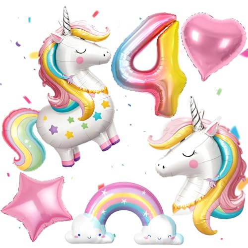 PtyPop Einhorn Deko Kindergeburtstag Mädchen 1 2 3 4 5 6 Jahre Einhorn Luftballon Stehend Folienballon Regenbogen Herzluftballons Einhorn Kindergeburtstag Decorations Party Deko (4 Jahre)
