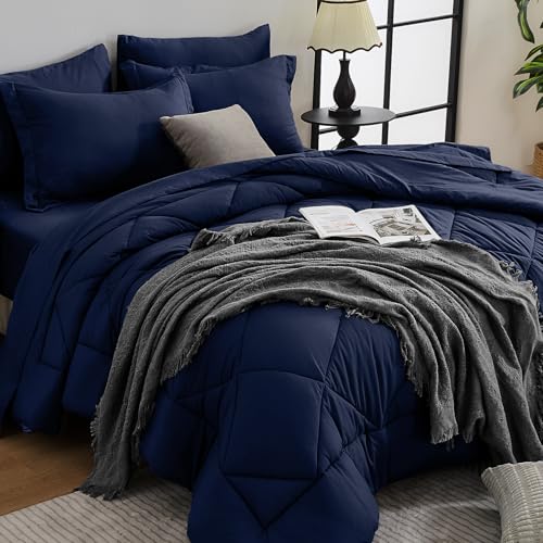 HEVUMYI Navy Blue King Comforter Set - 7-Piece All Season Bed in a Bag King, Ultra Soft Bedding Set with Comforter, Flat Sheet, Fitted Sheet, Pillowcases, Pillow Shams, Navy Blue