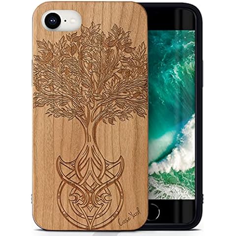 CaseYard Wood Phone case for iPhone SE Laser Engraved Tree of Life Design Cherry Wood Compatible iPhone case Protective Shockproof Slim fit Cell Phone Cover for Men & Women Cover