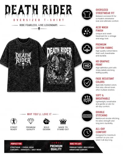 Image of Oversized Acid Wash Graphic T-Shirt for Men | Death Rider Gothic Print | Premium Cotton | Streetwear