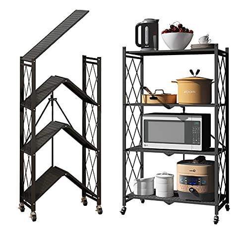 DAWNYIELD Chariot de Rangement Pliable à 4 Niveaux avec Roues Organisateur en Métal Roulant Étagère Chariot pour Cuisine-Noir