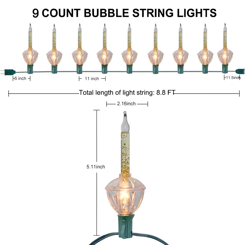 Doratale Christmas Gold Bubble Lights, 8.8 Ft Traditional Outdoor Bubble String Lights with 10 Gold Fluids Lights(1 Spare), UL Listed for Christmas Tree Holiday Party Decor Lighting, Green Wire