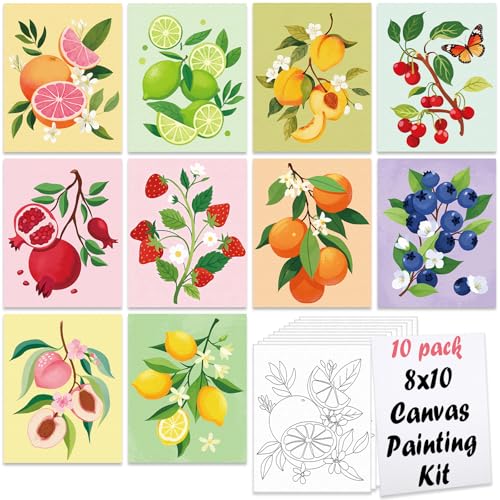 Nuberlic 10Pcs Pre Drawn Canvas to Paint for Kids Adults Grils Fruit Theme Spring Summer Painting Kits Pre Stretched Canvas Outline Boards for Beginners Students Party Favor 8x10 Inch