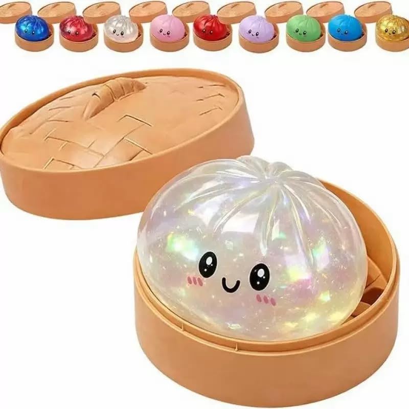 Dumpling Squishies, Glitter Dumpling Mystery Box, Colorful Dumplings Stress Balls Fidget Sensory Toy, Stocking Stuffers with Food Steamer Stretchy Desk Toys (Glitter White)