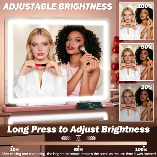 Image of FENNIO 23 inch x 18 inch Vanity Mirror with Lights,LED Makeup Mirror,Hollywood Mirror with 3 Color Modes & Adjustable Brightness,Vanity Mirror Pink