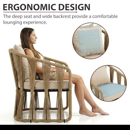 Image of BRISHI 3 Piece Outdoor Patio Furniture Set | Two Seater Woven Rope Patio Chairs with Cushions & Glass Table | All Weather Garden Balcony Conversation Set for Porch, Lawn, Poolside, Backyard (Yellow)