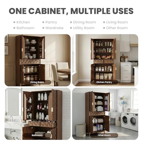 Image of Pantry Cabinet, 71 inch Tall Pantry Cabinet,Modern Kitchen Cabinet with Doors, Drawers & Adjustable Shelves, Freestanding Food Pantry Cupboard with Side Rack for Kitchen Dining Room,Walnut