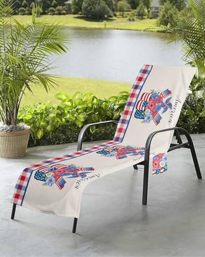 Patriotic Vase Flower Beach Chair Towel Covers for Chaise Lounge with Side Pocket, Soft Plush Pool Towels Cover for Patio Sunbathing Outdoor 29''x85'' Independence Day Star Lattice
