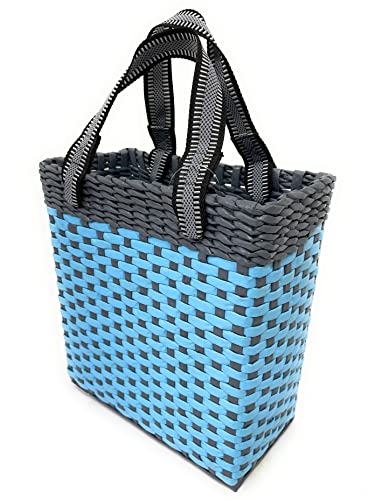 Image of Paperus, Small, Sky Blue & Grey, Carry Bag, Handbag, Tiffin Basket, Lunch Bag for Office, Rectangular, Eco-Friendly, Handmade of Paper Ropes, in Inch 11 H, 10 L, 5 Wide Base, 10 Liter