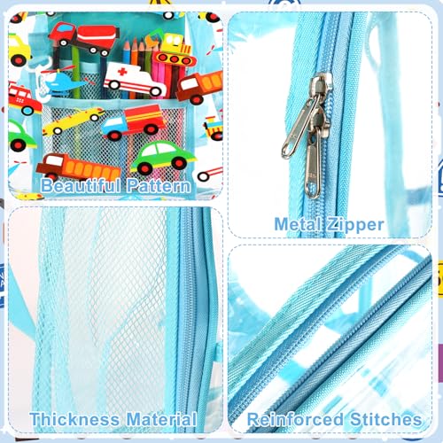 Kolewo4ever 3 Pieces Clear School Backpack Set Elementary Kindergarten Back to School Gift Trains, Planes, and Trucks Transparent Backpack with Lunch Bag and Pencil Pouch4