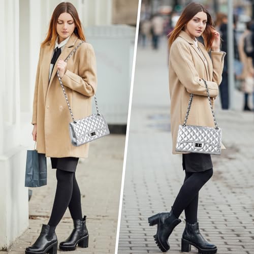 Image of Quilted Leather Crossbody Bags for Women Trendy Ladies Shoulder Purse Satchel HandBag with Chain Strap