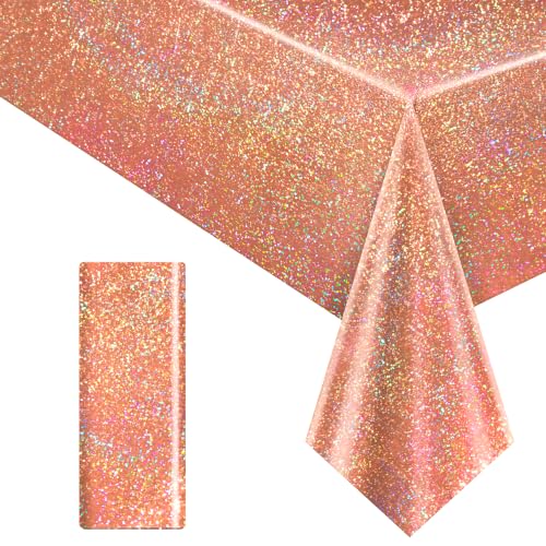 Image of 1 Pack Rose Gold Holographic Tablecloth 40 x 108 inch, Iridescent Shiny Plastic Rectangle Table Cover for Bachelorette Party, Bridal Shower, Wedding, Birthday, Anniversary and Baby Shower Decorations