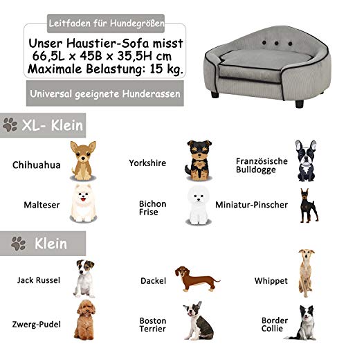 PawHut Haustiersofa, Hundebett, Hundematte, Hundesofa, Naturholz+Plüsch, Grau, 66,5 x 45 x 35,5 cm