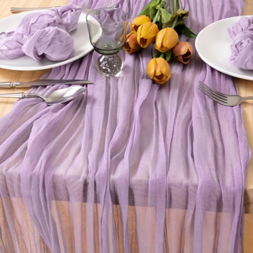 Image of MLMC 6 Pack Lilac Purple Table Runner 10ft Lavender Cheesecloth Table Runner Rustic Gauze Cheese Cloth Summer Centerpiece Decor 65x120 Inches for Bridal Shower Birthday Wedding Decor