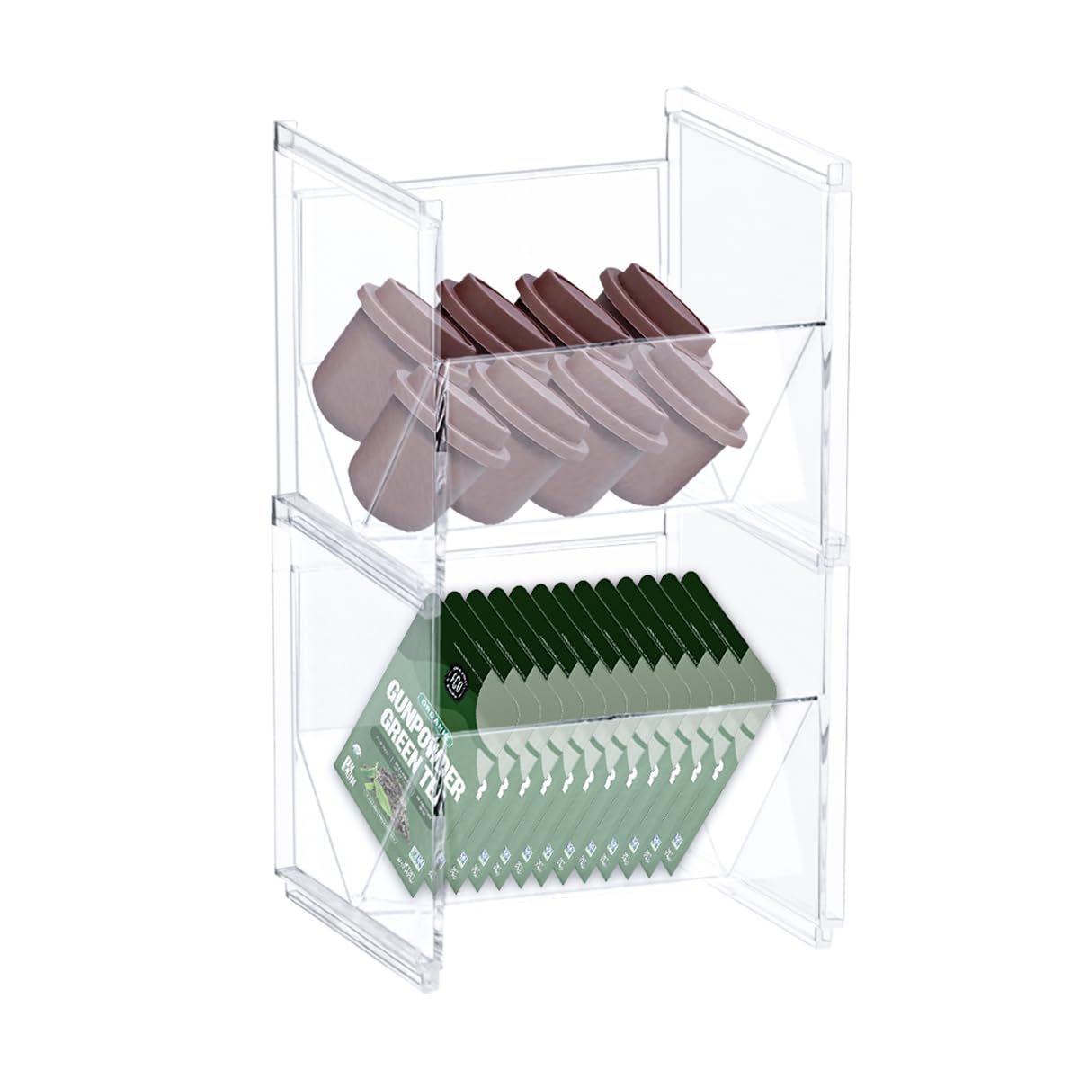 2 Pcs Tea Bag Storage Organizer, Clear Stackable Tea Holder for Snack, Plastic Coffee Pod Containers for Kitchen Office Bathroom, Sugar Creamer Box for Drawer Countertop Cabinet Desk Dressing Table