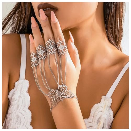 Summer Punk Butterfly Finger Bracelets with Ring,Exaggerated Finger Wrist Chains Rings Bracelets Gothic Link Chain Finger Bracelet Festival Halloween Hand Chain Body Jewelry for Women2
