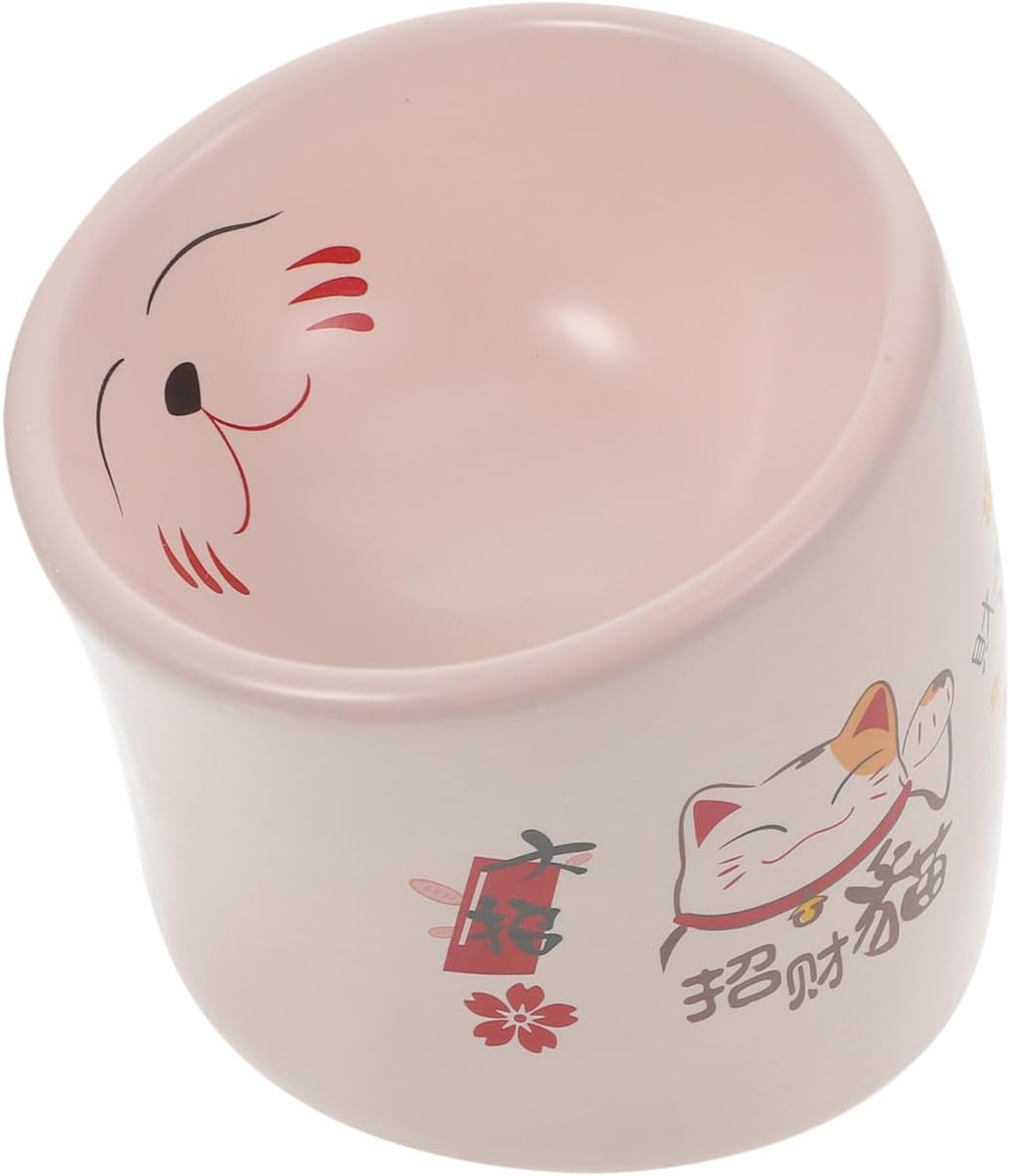 Ceramic Elevated Cat Bowl Anti-Spill Pink Kitten Feeding Dish with Neck Protection Suitable for Small Pets and Indoor Use