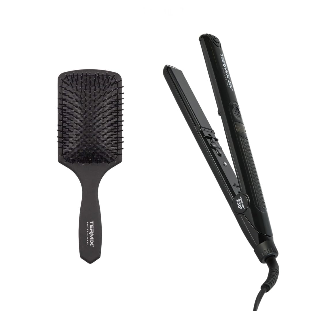 TERMIX - Pack Plancha de Pelo Profesional 230º + Cepillo Paddle Brush | Tratamientos Capilares | Cepillado Profesional | Plancha con Placas de Cerámica | Temperatura Ajustable| Nano Tecnología