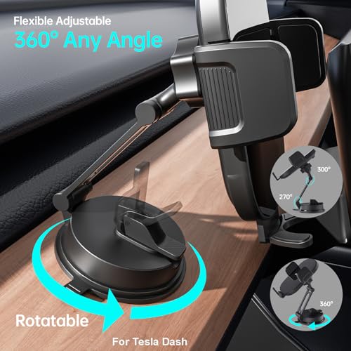 Image of Car Phone Mount with Vacuum Cup[360 Adjustable Foldable] Universal Tesla Model Y Accessories, Tesla Phone Mount for Your Car, for Model 3 /Y /S /X /Cybertruck Screen, Fits All Phones