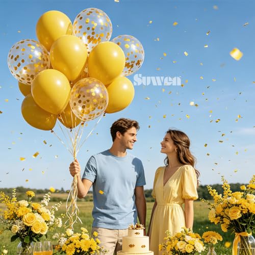 Image of SUWEN 47PCS Mustard Yellow Latex Balloons and Confetti Balloons Set