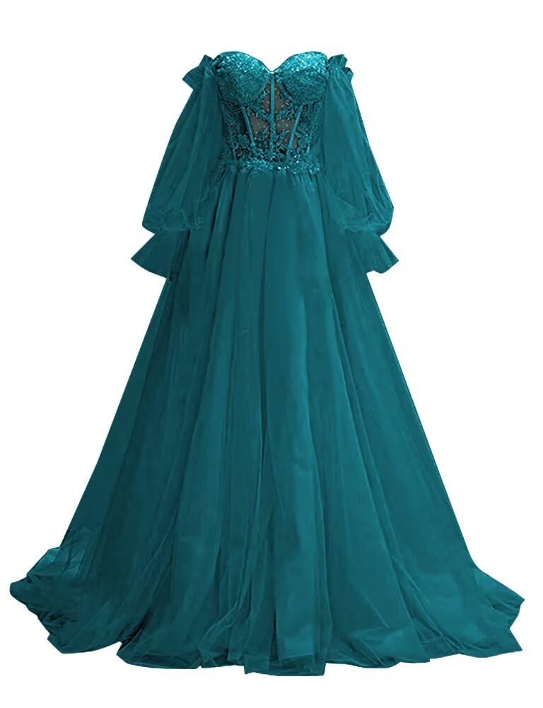 Puffy Sleeve Prom Dresses Off Shoulder Lace Tulle Ball Gowns Formal Evening Gowns Sweetheart Princess Wedding Gown