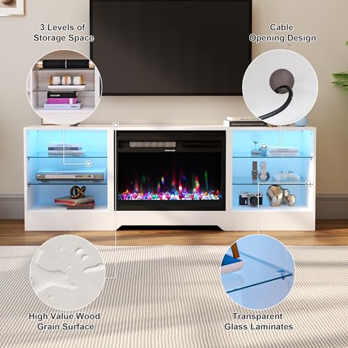 COCO DESIGN Fireplace TV Stand with 23" Fireplace, Electric Fireplace TV Console for TVs up to 75", LED Lights Wood and Glass Entertainment Center & Remote Control, White - Thumbnail 2