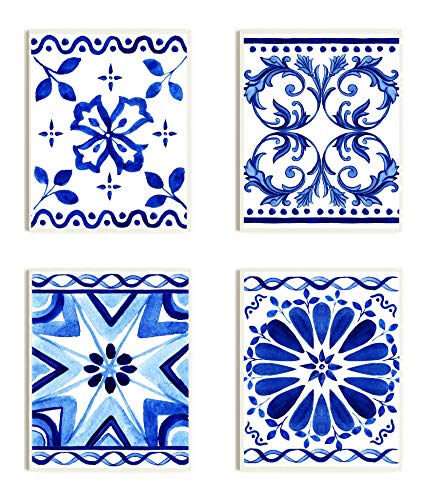 Blue and White Portuguese Spanish Tiles Wall Art Prints - Set of 4-8x10 UNFRAMED Prints - Vibrantly Colored Patterned Tile Art Perfect for Farmhouse, Rustic, Boho Decor.