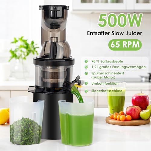 Entsafter Slow Juicer 500W, Saftpresse Elektrisch mit Umkehrfunktion, Entsafter Gemüse und Obst Testsieger 100% BPA Frei, 82MM Öffnung und 1,2L Juicer Machine, Spülmaschinenfest – Bild 3