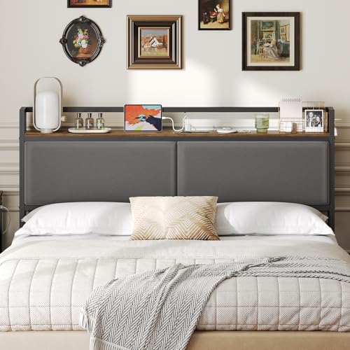 YATINEY Queen Size Headboard Only with Storage Shelves, Upholstered Headboard with Charging Station...