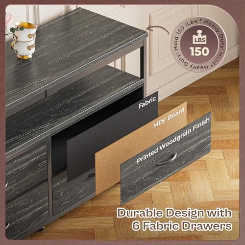 Huuger 63 Inch TV Stand for 55, 65, 70 Inch TV, Long Dresser TV Stand for Bedroom, Charcoal Black LED TV Stand with Power Outlets, Fabric Dresser with Storage, Entertainment Center for Living Room