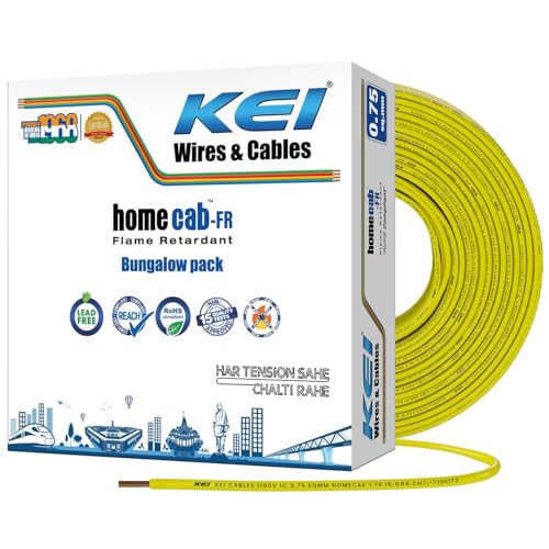 Image of KEI WIRES & CABLES Homecab 0.75 sqmm 1 Core 99.97% Pure Copper Conductor Flame Retardant House Wire PVC Insulated Cable for Domestic & Industrial Electrical Wiring (Yellow, 180 Meters)