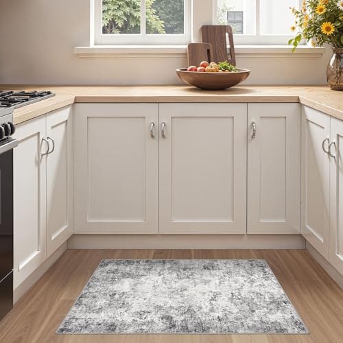 2x3 Entryway Area Rug: Washable Neutral Modern Abstract Small Rug - Non-Slip Low Pile Throw Indoor Carpet for Entrance Kitchen Front Door Mat Bathroom Entry Kids Room - Grey