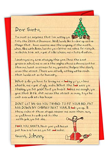 NobleWorks - Adult Humor Christmas Note Card with Envelope (4.63 x 6.75 Inch) - Funny Happy Holidays and Season's Greeting Stationery - Dear Santa 1087