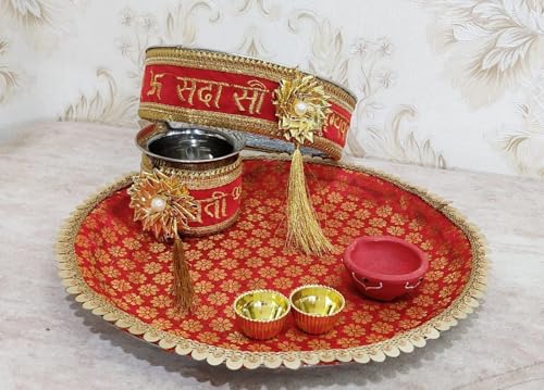 Image of Karwa Chauth Traditional and Decorative Pooja Thali Set | Stainless Steel Thali Set | Lota, Kalash, Diya, and Bowls | Trafitional Poooja Thalis | Channi Lota Included Red