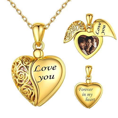 18K Gold Plated Sterling Silver with Flower Design and I Love You Engraved Heart Locket Necklace for Girls Women, 16 Inch