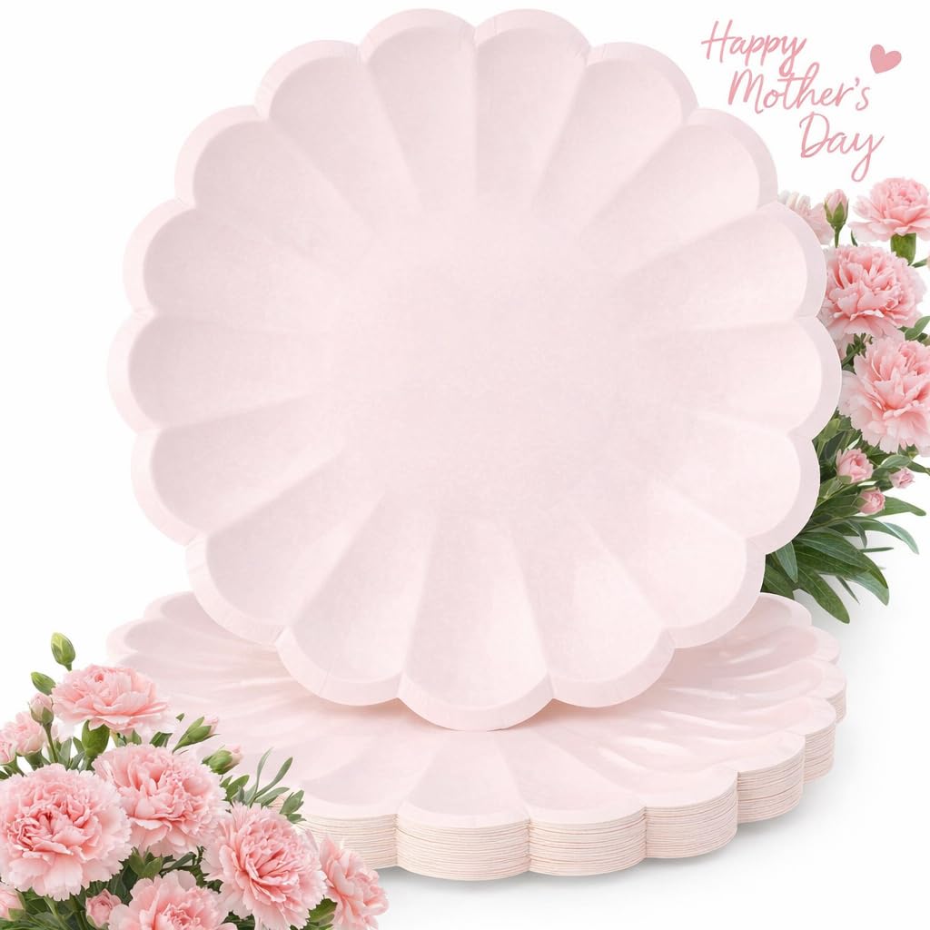 Photo 1 of 30 Pcs Pink Paper Plates 9.5 In Pink Plates Disposable Heavy Duty(350gms) Mothers Day Plate Scalloped Party Plate with Shell Edge for Wedding Mother's Day Birthday Bridal Shower Girl Baby Shower
