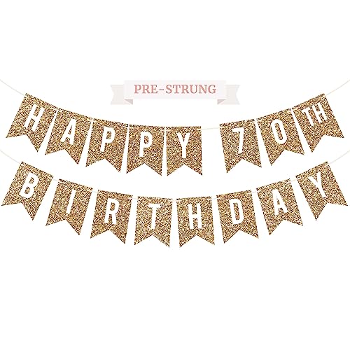 Image of Pre-Strung Happy 70th Birthday Banner - Gold Glitter Birthday Banner | No DIY - Gold Glitter 70th Party Decorations for Men & Women - Pre-Strung on 6 ft Strands - Bday Party Decorations & Decor