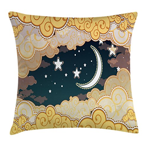 Lunarable Fantasy Throw Pillow Cushion Cover, Cartoon Style Night Sky Clouds Half Moon Cloudscape Print, Decorative Square Accent Pillow Case, 40
