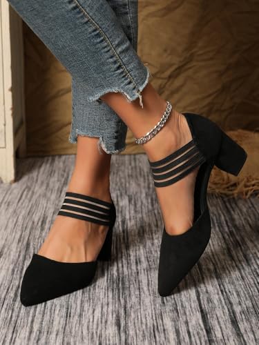 Slip-on Pointy Toe Dress Pumps for Women Suede Chunky Heels with Elastic Strap Women's Comfortable D'Orsay Low Block Pump Shoes for Wedding Party Business 2.4"3