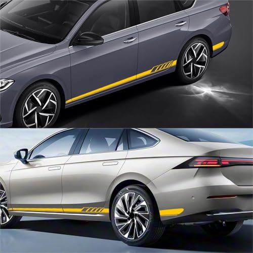 Image of 2PCS Car Side Skirt Decals, Auto Body Large Stickers, Waterproof PVC Racing Long Stripes Personalized Stickers, Car Stripe Stickers Decor Racing Accessories for Cars Trucks SUVs (Yellow)