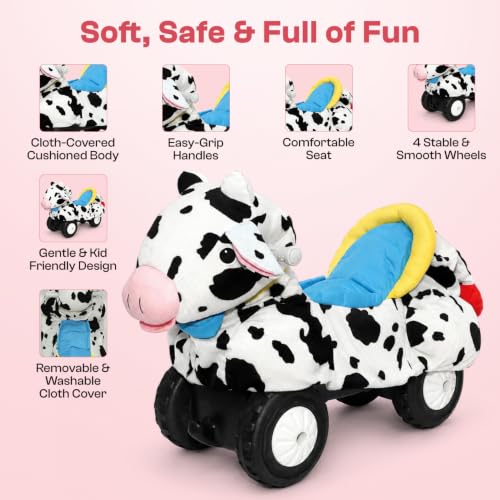 Image of Toyzone Little Soft Cow Ride on | Cloth-Covered Ride On Toy with Wheels | Back Support | Indoor & Outdoor Ride-On for Toddlers 1-4 Years