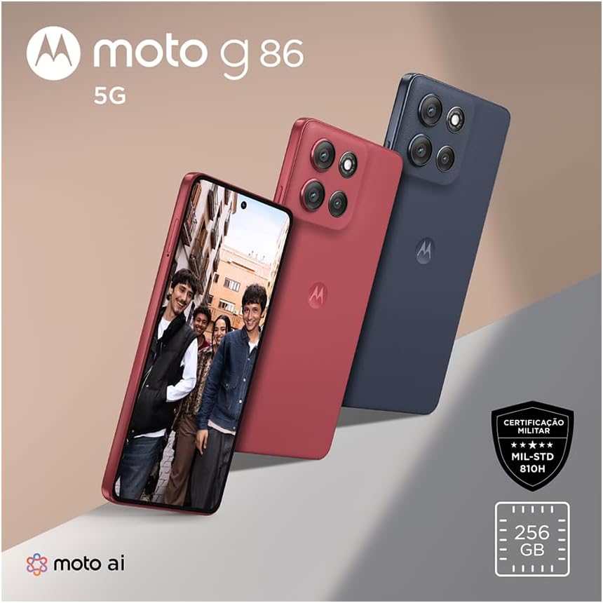 Smartphone Motorola Moto g86 5G – 256GB 24GB (8GB RAM+16GB Ram Boost) Tela 1.5K pOLED, 50MP Sony camera OIS Moto AI, videos em 4K, IP68 + IP69 – Grafite