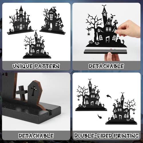 Hedeey ZH-HALLOWEEN DECORATIONS 3Pcs Halloween Wooden Tabletop Centerpiece Decorations,Wooden Double-Sided Printing Silhouette Sketch Ghost House Decoration Ornaments,Halloween Desk Tiered Tray Decor thumb #2